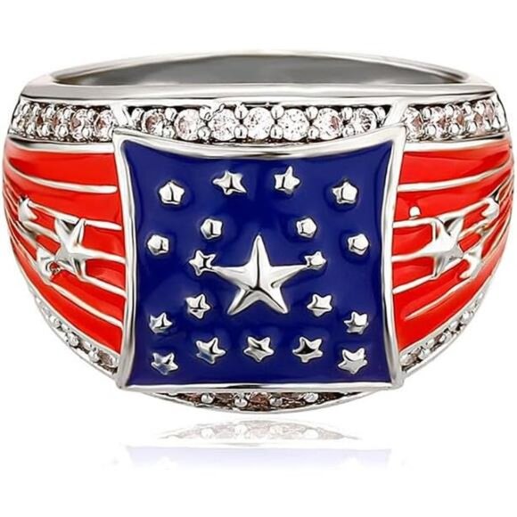 American Flag Rings for Men Silver Plated - Patriotic Chunky Ring Trendy - Picture 1 of 6